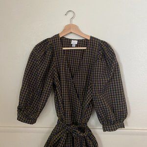 a new day | Olive and navy gingham wrap dress